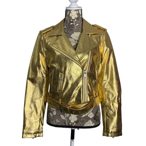Levis Strauss Metallic Gold Faux Leather Moto Zipper Jacket Womens SZ S EUC - Picture 2 of 11
